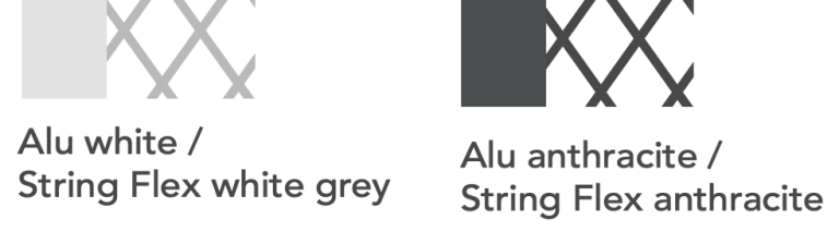 Zwei Farbmuster: Alu weiß/Softex Shell und Alu anthrazit/Softex Coal.