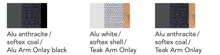 Zwei Farbmuster: Alu weiß/Softex Shell und Alu anthrazit/Softex Coal.