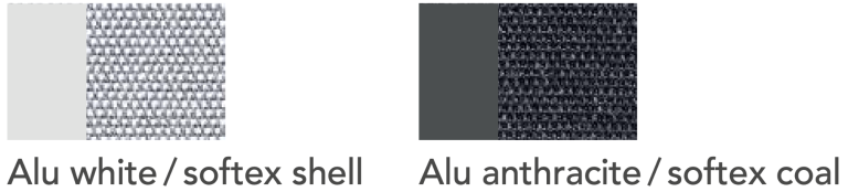 Zwei Farbmuster: Alu weiß/Softex Shell und Alu anthrazit/Softex Coal.