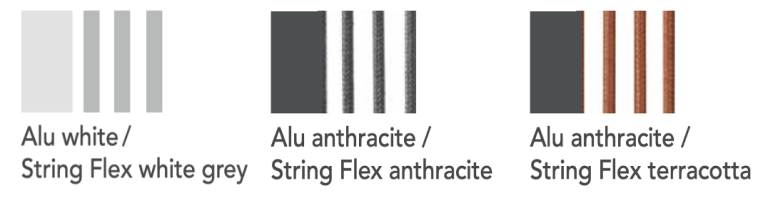 Zwei Farbmuster: Alu weiß/Softex Shell und Alu anthrazit/Softex Coal.