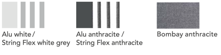 Zwei Farbmuster: Alu weiß/Softex Shell und Alu anthrazit/Softex Coal.