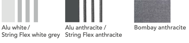 Zwei Farbmuster: Alu weiß/Softex Shell und Alu anthrazit/Softex Coal.