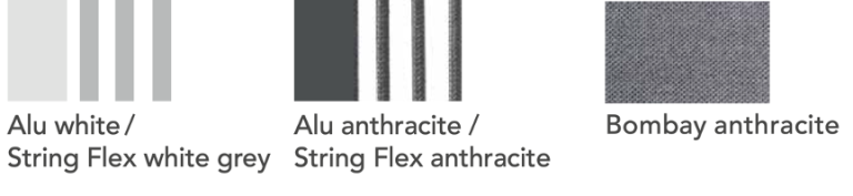 Zwei Farbmuster: Alu weiß/Softex Shell und Alu anthrazit/Softex Coal.