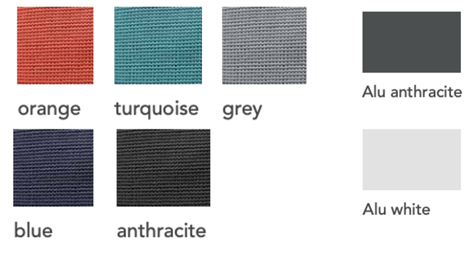 Zwei Farbmuster: Alu weiß/Softex Shell und Alu anthrazit/Softex Coal.