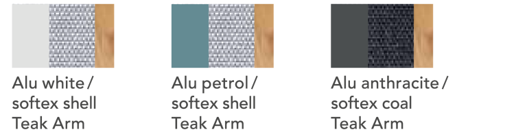 Zwei Farbmuster: Alu weiß/Softex Shell und Alu anthrazit/Softex Coal.