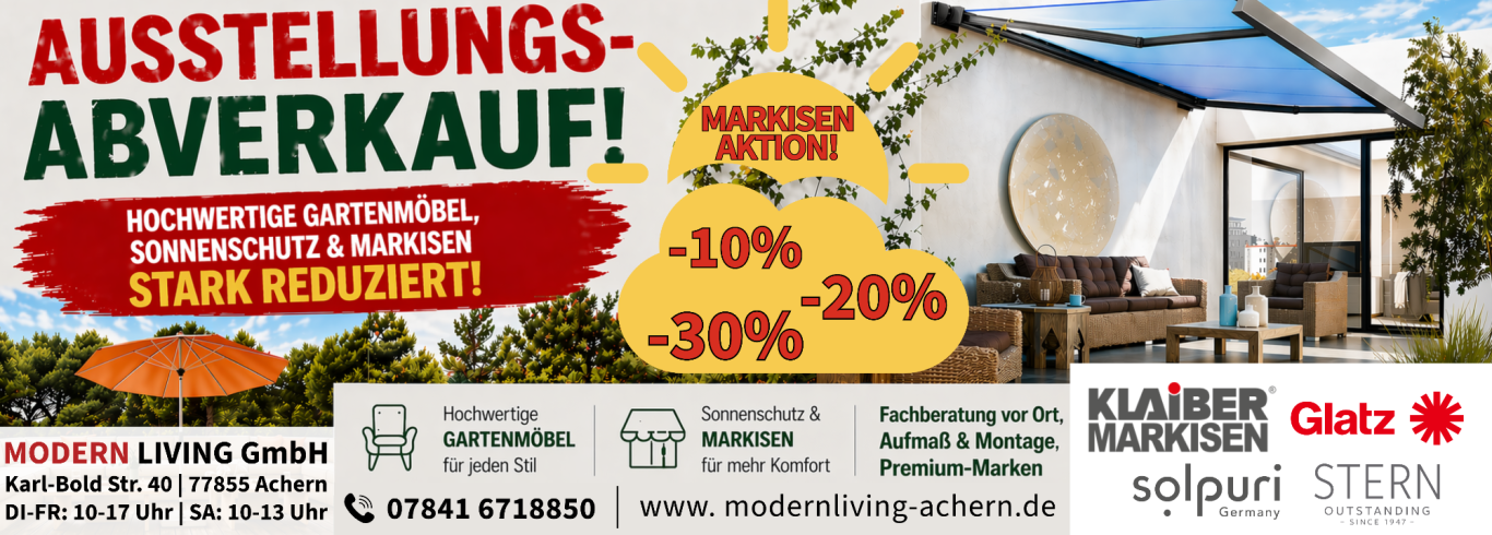 Rabatt auf Gartenmöbel, Markisen und mehr